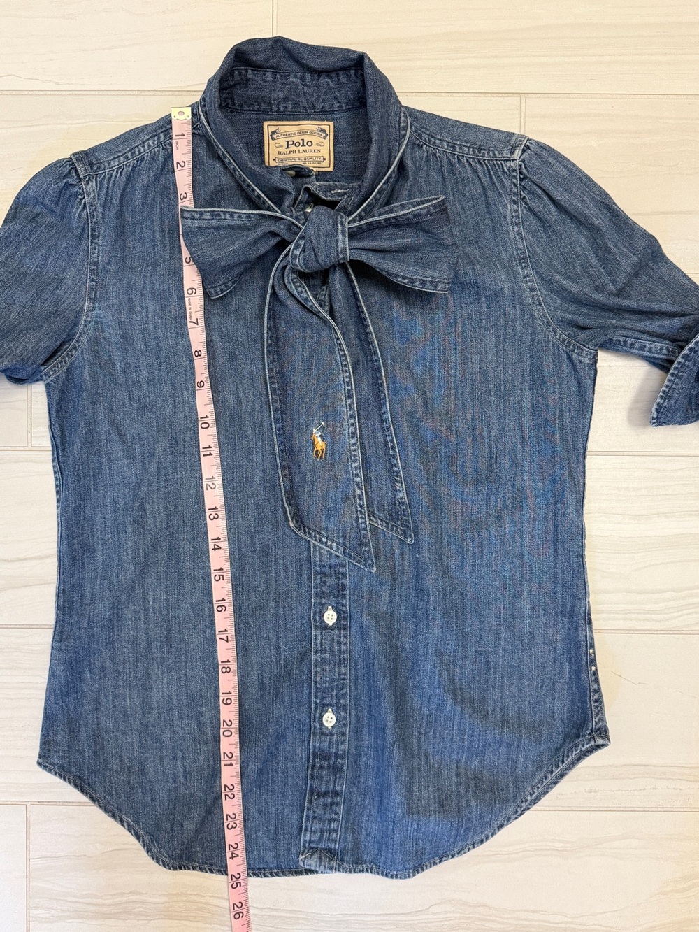 Polo Ralph Lauren Necktie Denim Shirt Bow Blouse Sz 0 - Picture 8 of 12